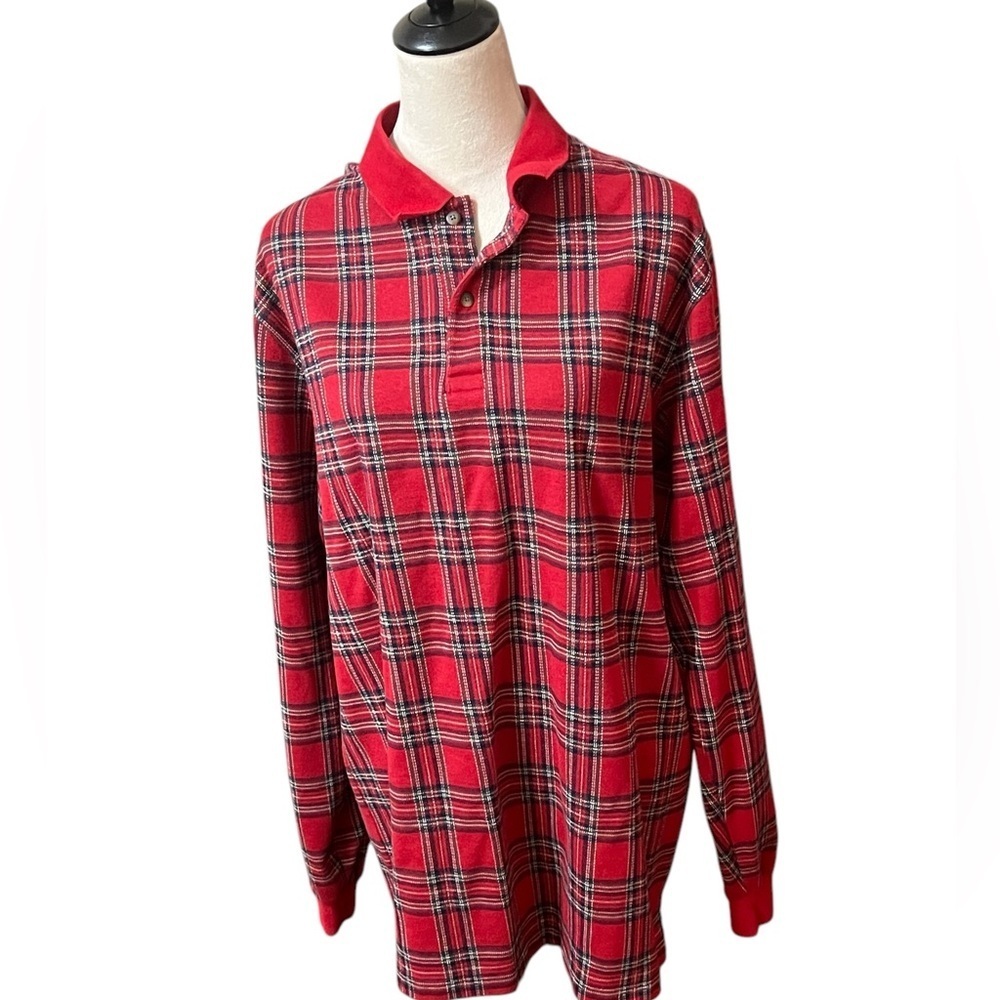 Lands' End Men's Shirt in Red Multicolored Plaid Long Sleeves Size Large